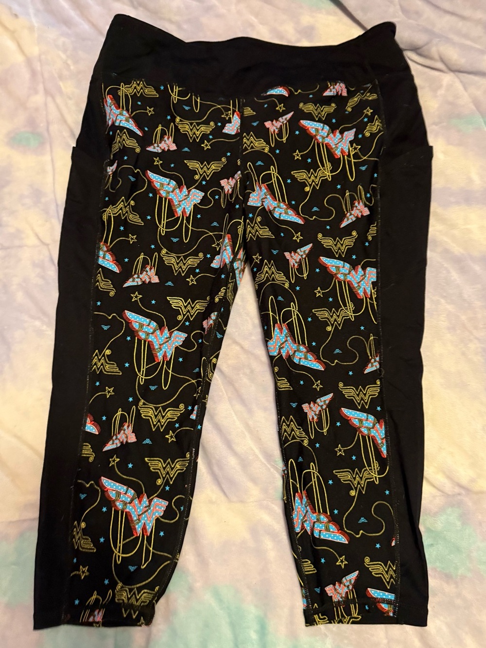 torrid Black Wonder Woman Motif Active Capris with Blue & Yellow Accents
